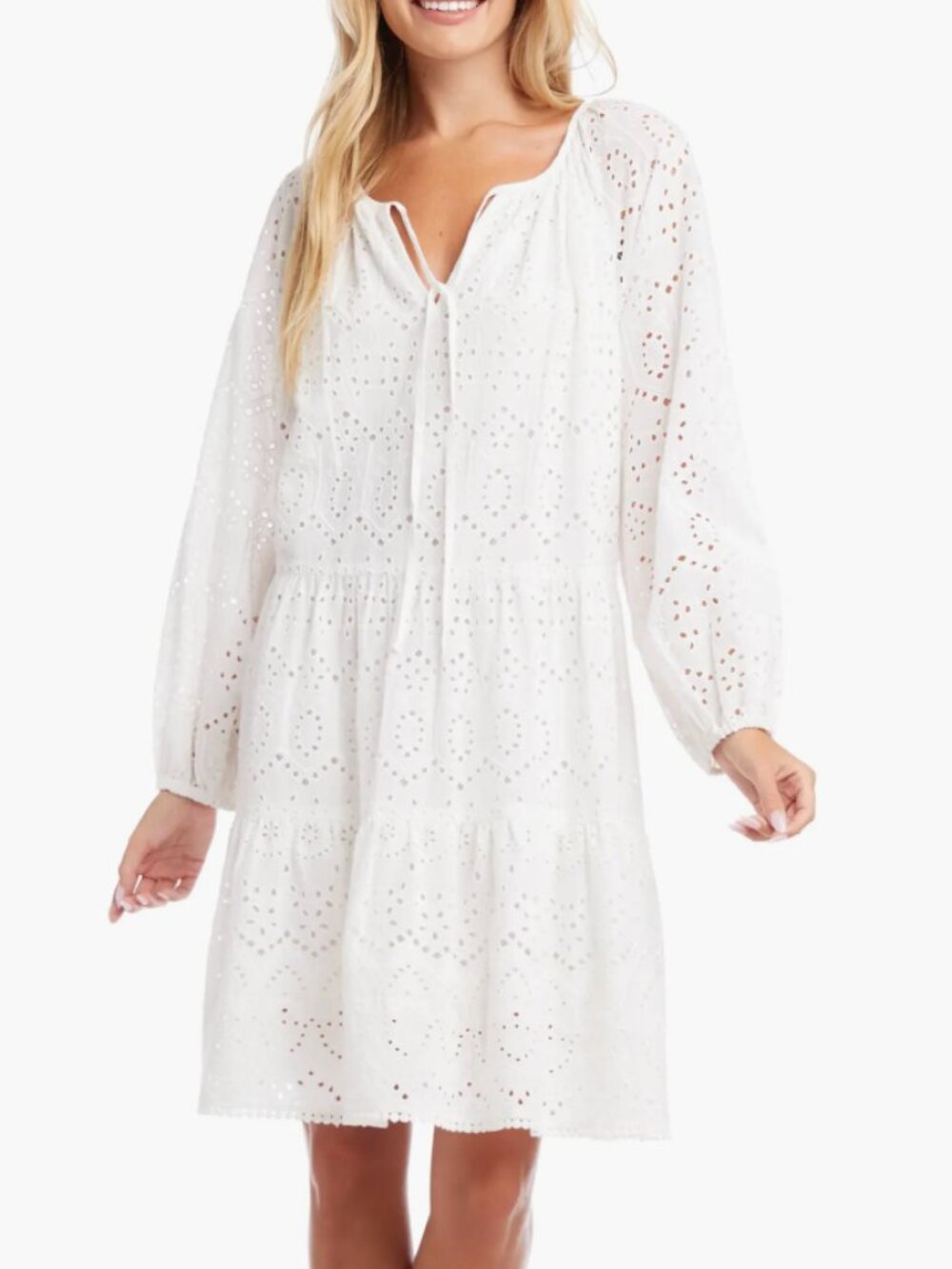 Karen Kane Tiered Long Sleeve Eyelet Dress — White | M